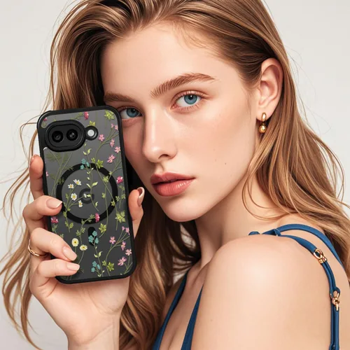 Miniatura 7 de Funda magnética para Google Pixel 10A [Compatible con MagSafe] Funda con patrón floral de flores negras para mujeres y niñas, con borde de TPU Rama