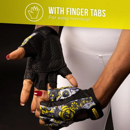 Miniatura 7 de Contraband Pink Label 5237 - Guantes de entrenamiento de diseñador para mujer, estampado de calavera de azúcar y acolchado Grip-Lock™ (amarillo, M)