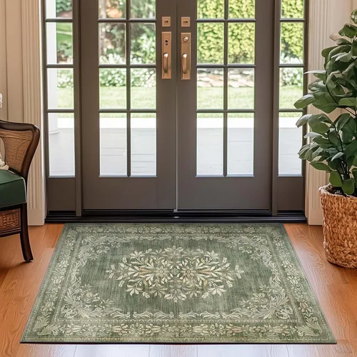 Miniatura 94 de Jinchan Fiora - Alfombra redonda de 8 pies, alfombras vintage con diseño floral envejecido, lavable a máquina, antideslizante, de pelo bajo, Azul