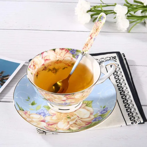 Miniatura 3 de Taza de té azul, juego de taza de té floral y platillo, juego de té de porcelana de hueso, taza de café, juego de té