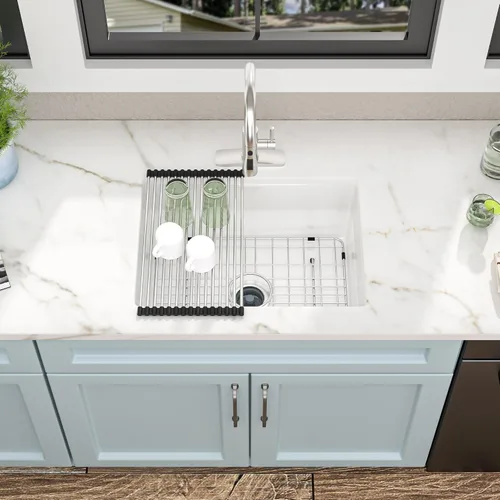 Miniatura 3 de Fregadero de barra blanco de 24"x18" para montaje bajo encimera - Arcilla refractaria de porcelana cerámica de alto brillo, montaje dual, un seno