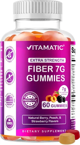 Vitamatic Gomitas de fibra prebiótica para adultos – 7g de fibra por porción – 60 gomitas a base de pectina de fuerza extra, sin azúcar añadida –