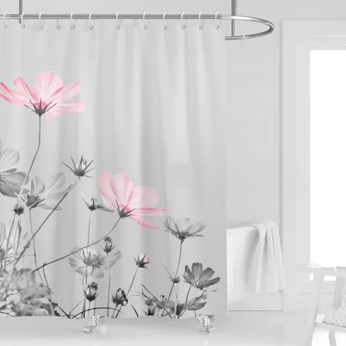Miniatura 39 de Cortina de ducha de 72" x 72" con flores grises y rosas, gris y blanco, flores silvestres, margaritas, plantas, pintura de tinta, botánica