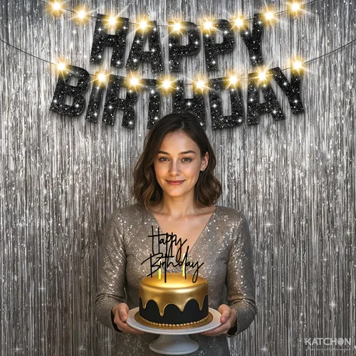 Miniatura 6 de KatchOn, Juego de decoraciones de cumpleaños negras y plateadas, paquete de 5, pancarta de feliz cumpleaños con purpurina, fondo plateado, luz LED