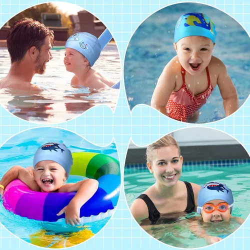Miniatura 4 de Sintuff 3 Pcs Kids Swim Caps Toddlers Swimming Caps Silicone Swim Cap for Boys Girls (Age 4-12) Baby Waterproof Cartoon Bathing Hats for Long and