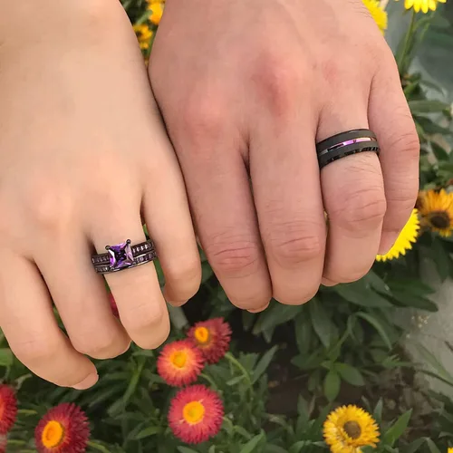 Miniatura 5 de Sheloves - Anillos de boda chapados en negro para parejas y mujeres, juego de anillos de boda de tungsteno para hombre y mujer