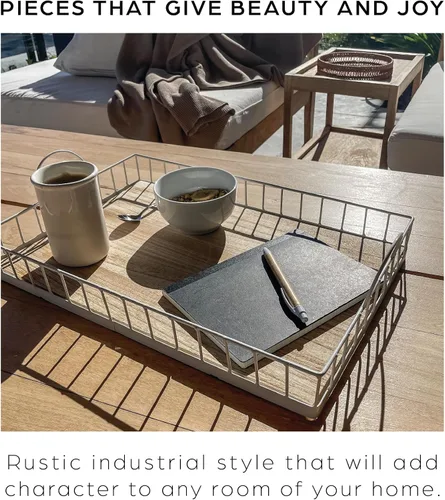 Miniatura 4 de Bandeja rectangular de madera para servir con marco de alambre, asas de metal, decorativa para mesa de café de comida, centro de mesa rústico
