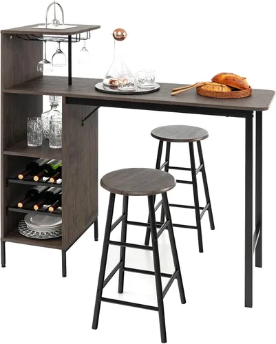 Miniatura 8 de Giantex Juego de mesa de bar y taburetes de 3 piezas, juego de mesa de bistró con soporte para vidrio, estante de vino de 2 niveles y estantes