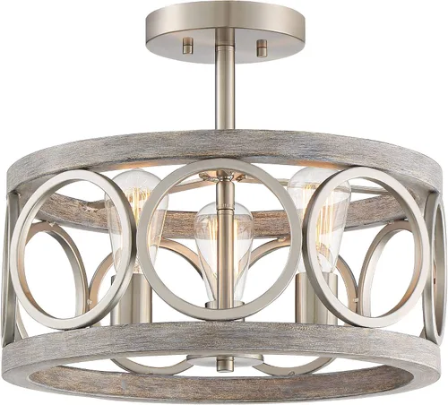 Miniatura 5 de Franklin Iron Works Salima - Lámpara de techo industrial rústica de 16 pulgadas de ancho, 3 luces con acabado de madera gris níquel cepillado