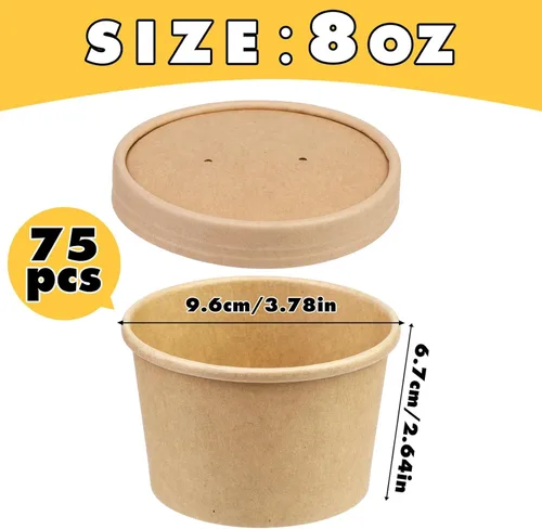 Miniatura 2 de Paquete de 75 recipientes de papel para sopa de 8 onzas con tapas, tazas de helado, recipientes de papel desechables con tapa ventilada, cuencos