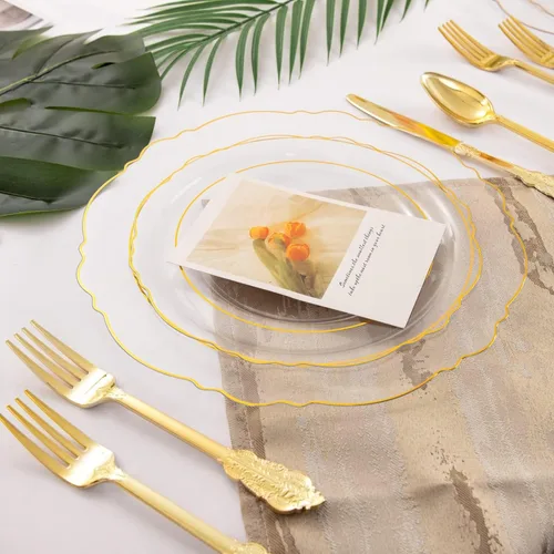 Miniatura 3 de WDF 100 platos de plástico desechables transparentes con ribete dorado, color dorado transparente barroco, incluye 50 platos llanos de 10.25 Claro