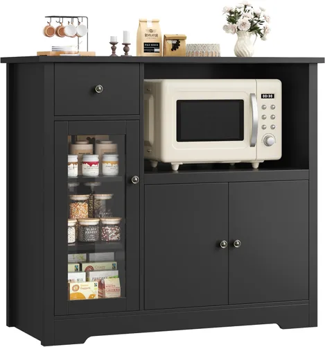 HORSTORS Armario para microondas, armario de almacenamiento de cocina con 3 puertas y 1 cajón, aparador de buffet con estantes ajustables, soporte