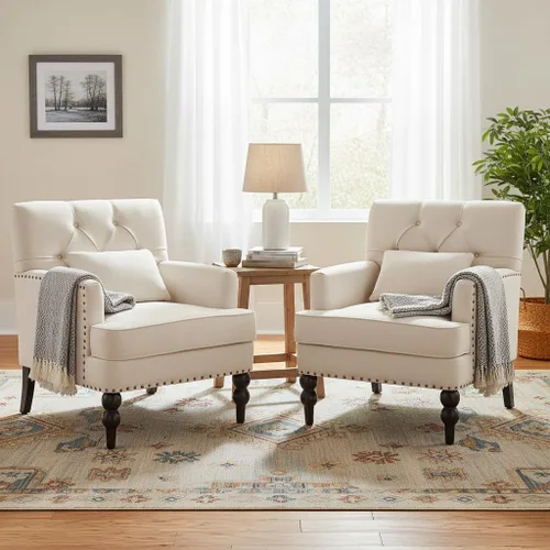 Miniatura 8 de HUIMO Silla de Club Acolchada, Silla de Acento con Almohada Lumbar, Sillón Tapizado con Botones, Sillas de Sofá de Tela de Lino para Dormitorio