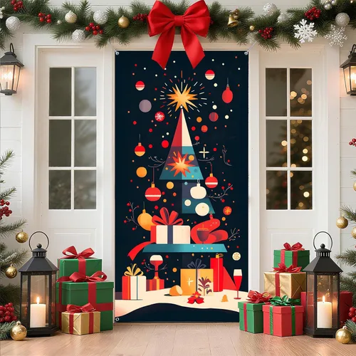 Miniatura 17 de Cubierta de Puerta de Navidad Papá Noel Muñeco de Nieve Árbol de Navidad Corona Pancarta Decoración de Vacaciones de Invierno para Puerta Principal