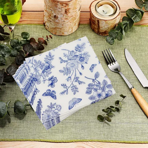 Miniatura 4 de Juego de vajilla floral azul y blanco de 150 piezas, platos de papel floral de 9 y 7 pulgadas, servilletas, cuchillos, tenedores, cucharas