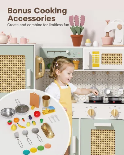 Miniatura 6 de Babytronic Juego de cocina de madera para niños, cocina de juego de simulación rosa con luces y sonidos, juguete de cocina de estilo retro para Verde