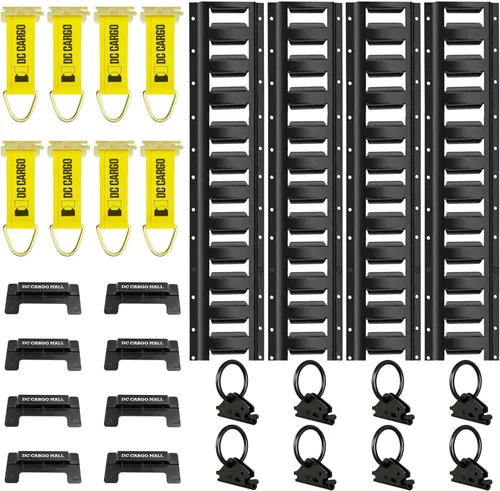 Kit de amarre E-Track! 4 rieles horizontales de 4 pies con recubrimiento en polvo, 8 tapas de extremo, 8 amarres de cuerda, 8 anillos tóricos |