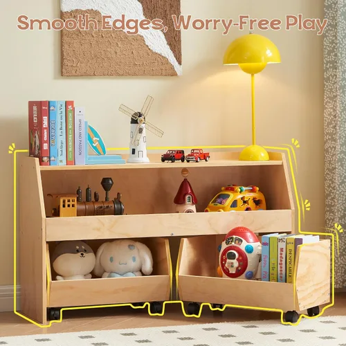 Miniatura 2 de Montessori - Estante organizador de juguetes 3 en 1 para niños con ruedas, 2 cajones extraíbles y armario de almacenamiento de madera de 2 niveles