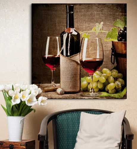 Miniatura 2 de wall26 - Lienzo decorativo cuadrado para pared, copas de vino con botella de vino y uvas, impresión giclée, arte moderno para el hogar, listo