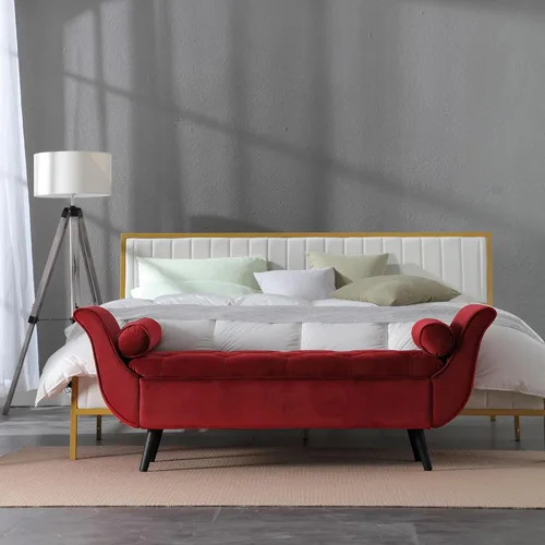Miniatura 6 de Banco de Almacenamiento de Terciopelo para Dormitorio, Rojo, Banco Otomán de Almacenamiento Tapizado con Botones Capitoné Reposapiés Brazo Enrollado