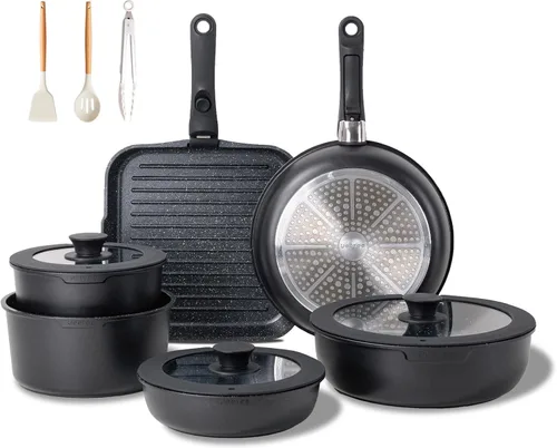 JEETEE Juego de 25 piezas de ollas y sartenes antiadherentes, juego de utensilios de cocina con mango desmontable, cocina de inducción y camping en