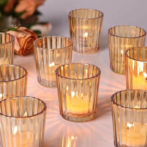NITIME 24 portavelas votivas vintage acanaladas doradas, portavelas de cristal para decoraciones de boda, portavelas para centro de mesa, Diwali,