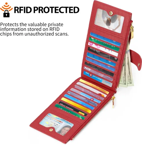 Miniatura 4 de GOIACII - Carteras para mujer de dos pliegues con bloqueo RFID y 2 bolsillos con cremallera, Rojo, M