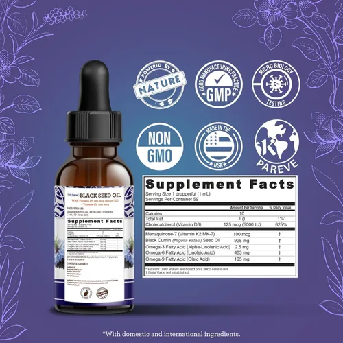 Miniatura 8 de GuruNanda Aceite de semilla negra, Nigella sativa prensada en frío, rico en vitamina D3, 5000 unidades, K2 y E, alta timoquinona Potente