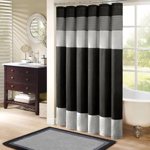 Miniatura 11 de Madison Park Amherst Cortina de Ducha para Baño de Seda Sintética con Rayas Pieced Moderna Cortina de Baño de Microfibra, 72x72 Pulgadas, Azul