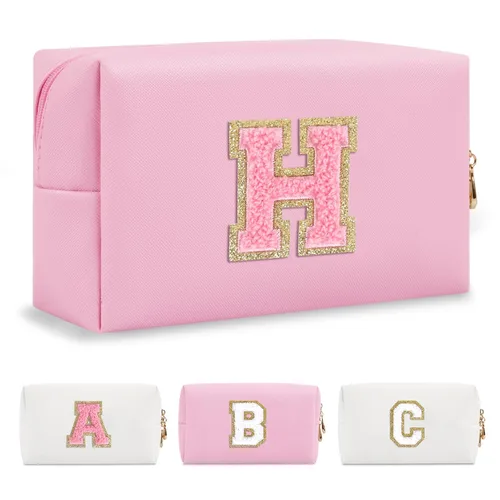 Miniatura 190 de Pequeña bolsa de maquillaje personalizada con inicial A-Z Preppy Patch, bolsa de cosméticos de viaje de felpilla blanca con cremallera, bonita bolsa
