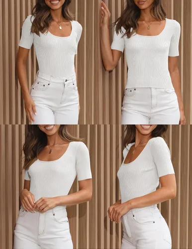 Miniatura 5 de ZESICA Camisetas de manga corta con cuello cuadrado para mujer, ajustadas, de verano, de punto acanalado, básicas, casuales