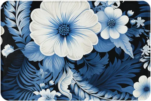 Miniatura 3 de Tapete para puerta delantera, tapete de bienvenida con estampado floral azul y blanco, absorbente, antideslizante, tapete de entrada suave, alfombra