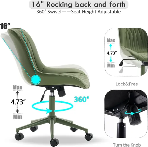 Miniatura 4 de YOUNIKE Silla de oficina ergonómica de piel sintética verde oliva, sin brazos, cómoda silla de escritorio con respaldo mecedor, bonita silla