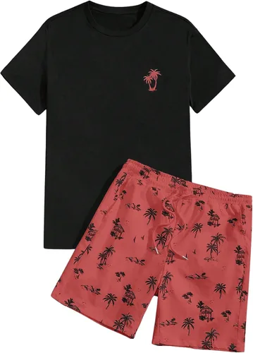 Miniatura 77 de GORGLITTER Conjunto de 2 piezas de camiseta gráfica de manga corta para hombre, estampado hawaiano con cordón y pantalones cortos