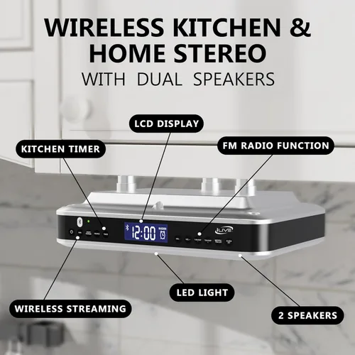 Miniatura 2 de iLive Radio FM Bluetooth para debajo del gabinete para cocina, estéreo inalámbrico con reloj y temporizador incorporados, 20 preajustes de FM, LCD