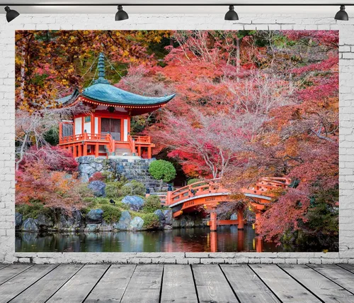 Miniatura 2 de BELECO Telón de fondo japonés, 5 x 3 pies, templo japonés Daigo-ji, ciudad de Kioto, otoño, arces rojos, paisaje, río, puente de jardín, telón