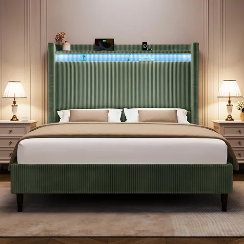 Miniatura 22 de Base de cama tamaño King con cabecera alta, base de cama tapizada con estación de carga y luces LED, moderna cabecera de almacenamiento con respaldo