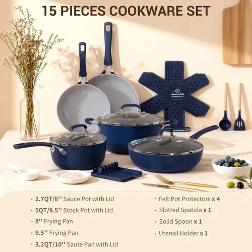 Miniatura 9 de Ammeloo Juego de utensilios de cocina de cerámica acanalada de 15 piezas, juego de ollas y sartenes antiadherentes, listo para inducción, juego
