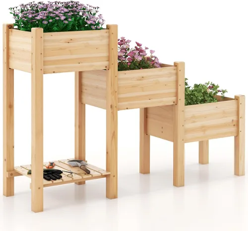 Giantex Juego de 3 camas de jardín elevadas, jardinera de madera con estante de almacenamiento, camas elevadas para frutas, verduras, flores, Natural