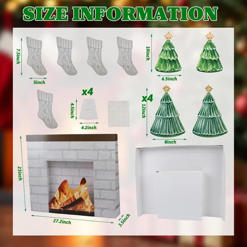Miniatura 2 de Chimenea de cartón de Navidad para chimenea, chimenea falsa con calcetín 3D para decoración de fondo de fiesta de Navidad, 27 x 23 x 3.5 pulgadas