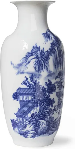 Miniatura 2 de Dahlia Jarrón azul y blanco, florero de porcelana china hecho a mano, montaña celestial, forma de rouleau de 14 pulgadas