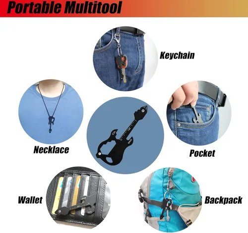 Miniatura 3 de Llavero multiherramienta de guitarra, herramienta de bolsillo, herramienta de cartera, llavero abridor de botellas 12 en 1 (guitarra, negro)