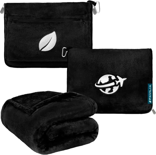 PAVILIA Manta de viaje y almohada, manta de avión con apertura de brazos para adultos, manta compacta de avión con agujero para el brazo, bolsa 2 en