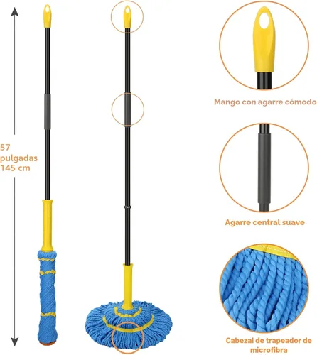 Miniatura 6 de Trapeadores giratorios autoescurridizos para limpieza de suelos, fregona de microfibra con mango largo de 57 pulgadas, fregona fácil de escurrir