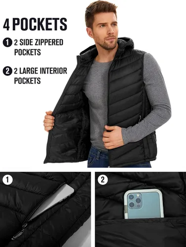 Miniatura 3 de YKR Chaleco acolchado para hombre, chaleco de plumón de invierno, con capucha, cremallera, sin mangas, con bolsillos