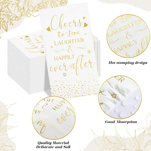 Miniatura 3 de Pasimy 100 servilletas de despedida de soltera, con texto en inglés "Cheers to Love Laughter and Happily Ever After", servilletas decorativas Dorado
