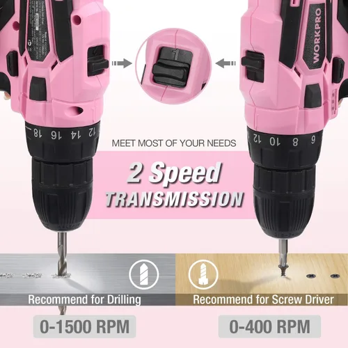 Miniatura 4 de WORKPRO Taladro inalámbrico rosa de 12 V y kit de herramientas para el hogar, juego de herramientas manuales para bricolaje, mantenimiento