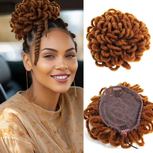Miniatura 14 de DreadLocks Chignons Afro High Puff Cola de Caballo con Cordón Moño de Cabello Postizos Faux Locs Chignons con Clip Cola de Caballo para Mujeres