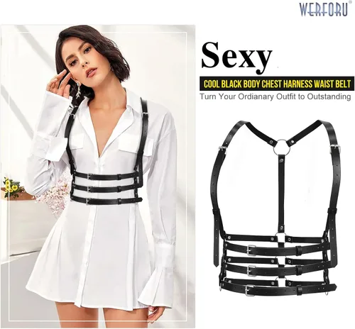 Miniatura 3 de WERFORU Cinturón punk ajustable de piel sintética negra para mujer, para Halloween, Negro