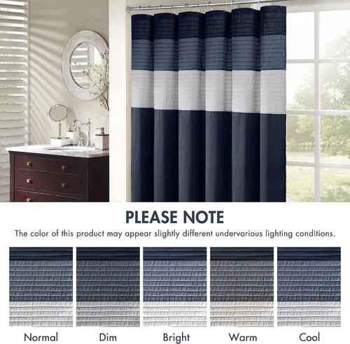 Miniatura 5 de Madison Park Amherst Cortina de Ducha para Baño de Seda Sintética con Piezas a Rayas Moderna Cortina de Baño de Microfibra, 72x72 Pulgadas, Azul